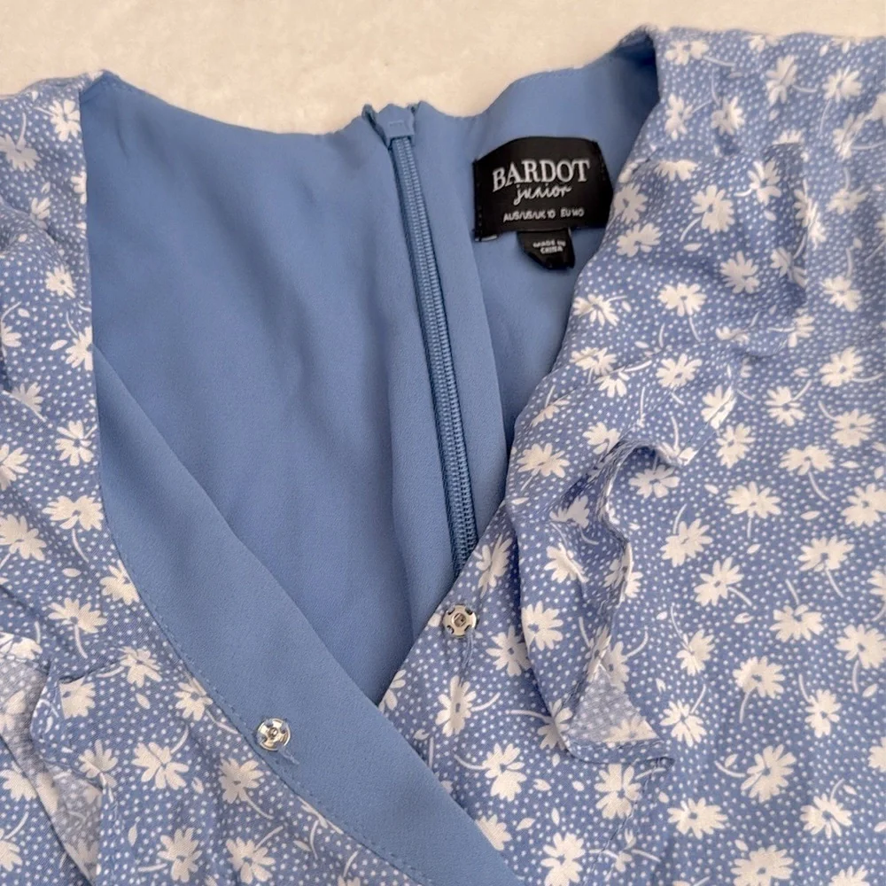Bardot Junior | Ditsy Floral Print Ruffle Faux Wrap Mini Dress Blue/White (10) - Picture 6 of 16